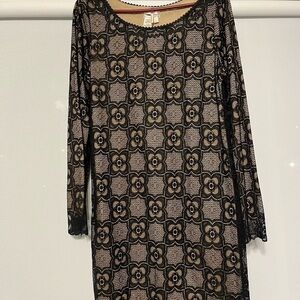 Max studio black lace long  sleeve dress with tan underlay​